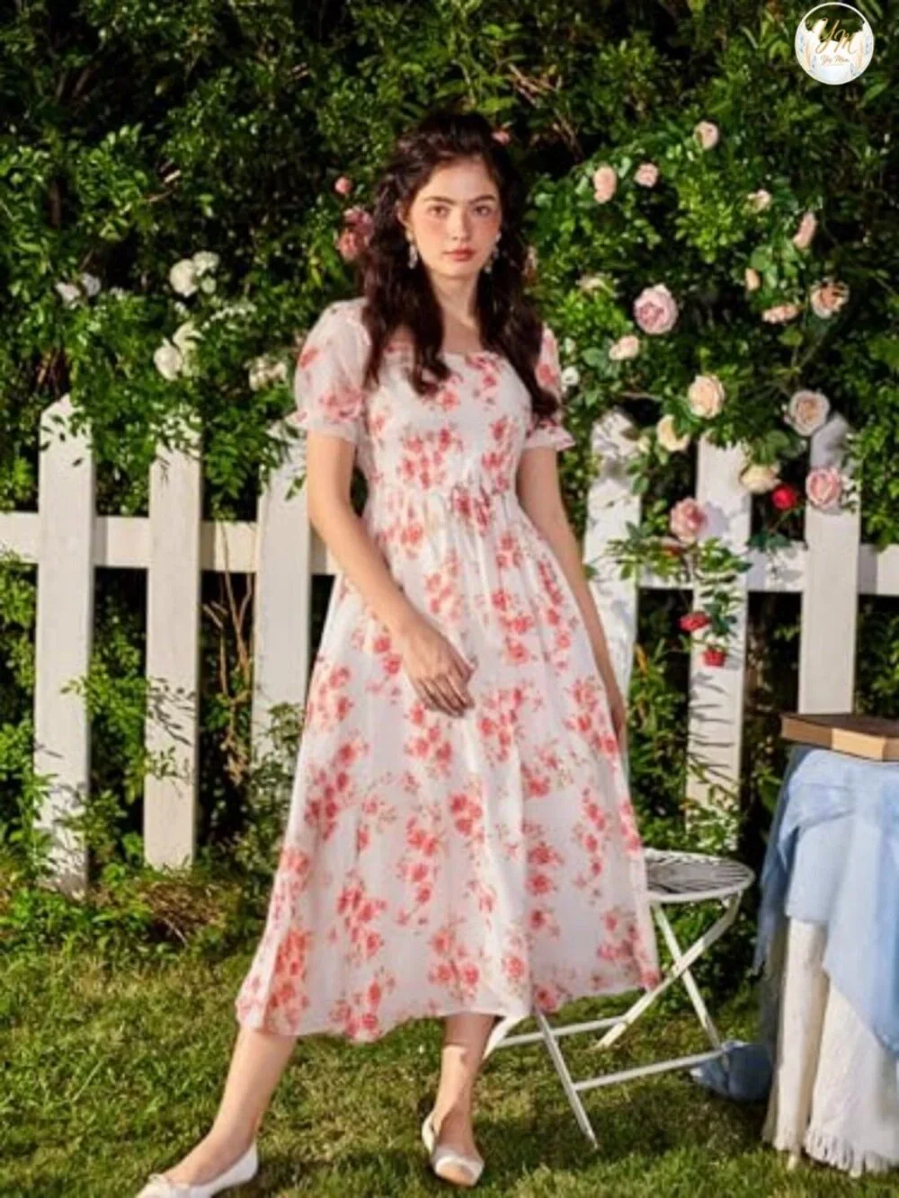 Women's Floral Puff Sleeve Chiffon Midi Dress with Pockets